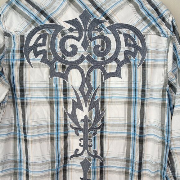 MENS HELIX AFFLICTION PLAID BUTTON DOWN, LONG SLEEVE, SIZE MEDIUM, ATHLETIC FIT - Picture 2 of 8